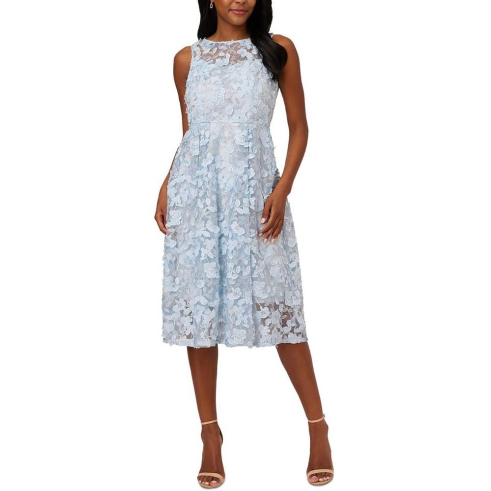 👗BOGO- Adrianna Papell Womens Blue Metallic Mesh Midi Fit & Flare Dress